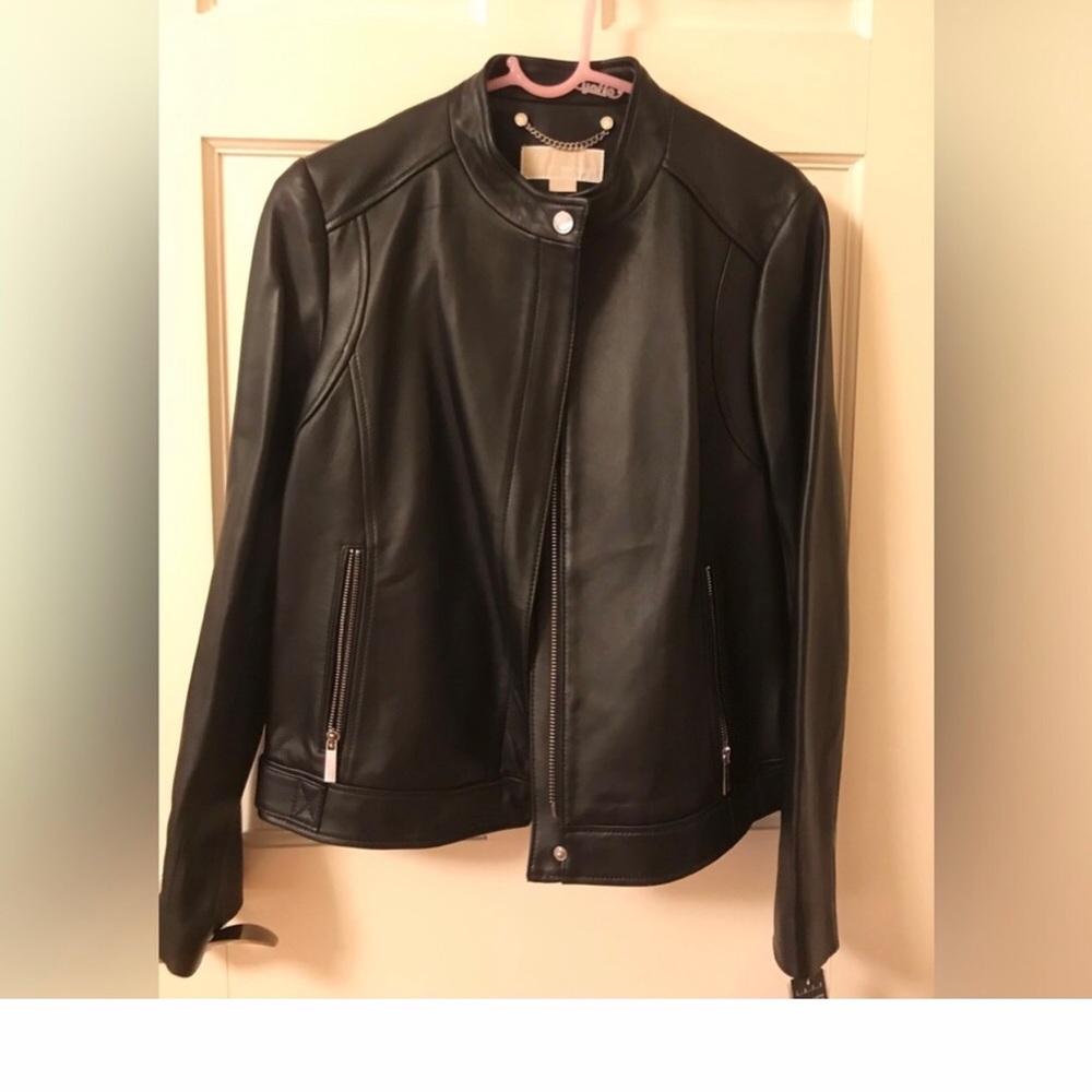 michael kors stand collar leather jacket
